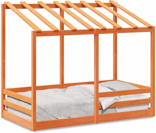 Letto per bambini con struttura a casetta in legno massello di pino, colore marrone cera, L 160 x P 80 cm