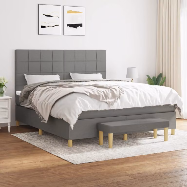 vidaXL Giroletto a Molle Ibrido con Materasso in Tessuto Grigio e Bianco L/P/H: 160 x 200 x 128 cm