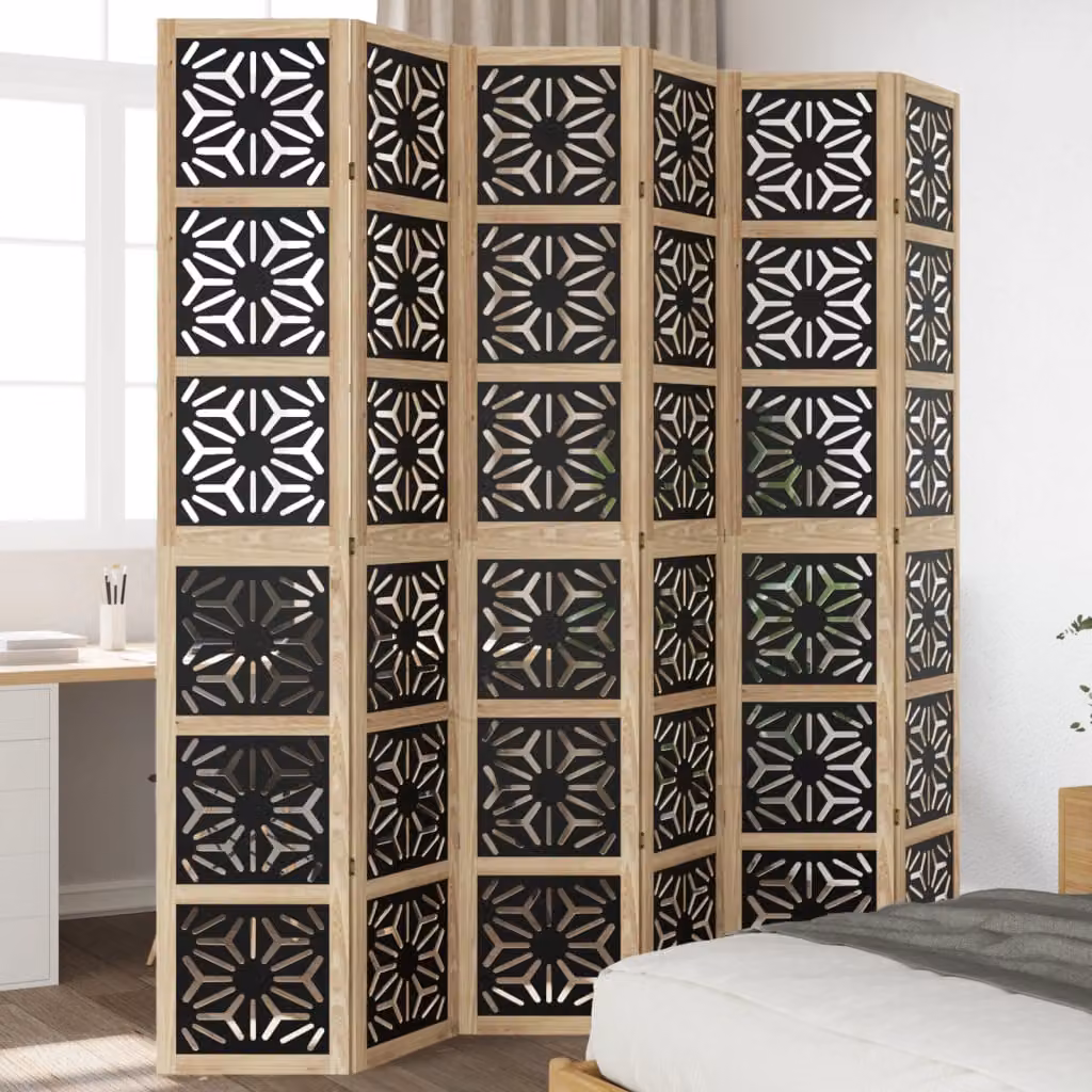 Divisorio Ambienti vidaXL con 6 Pannelli Geometrici in Legno di Paulownia e Metallo, Marrone e Nero, H 220 x L 40 cm