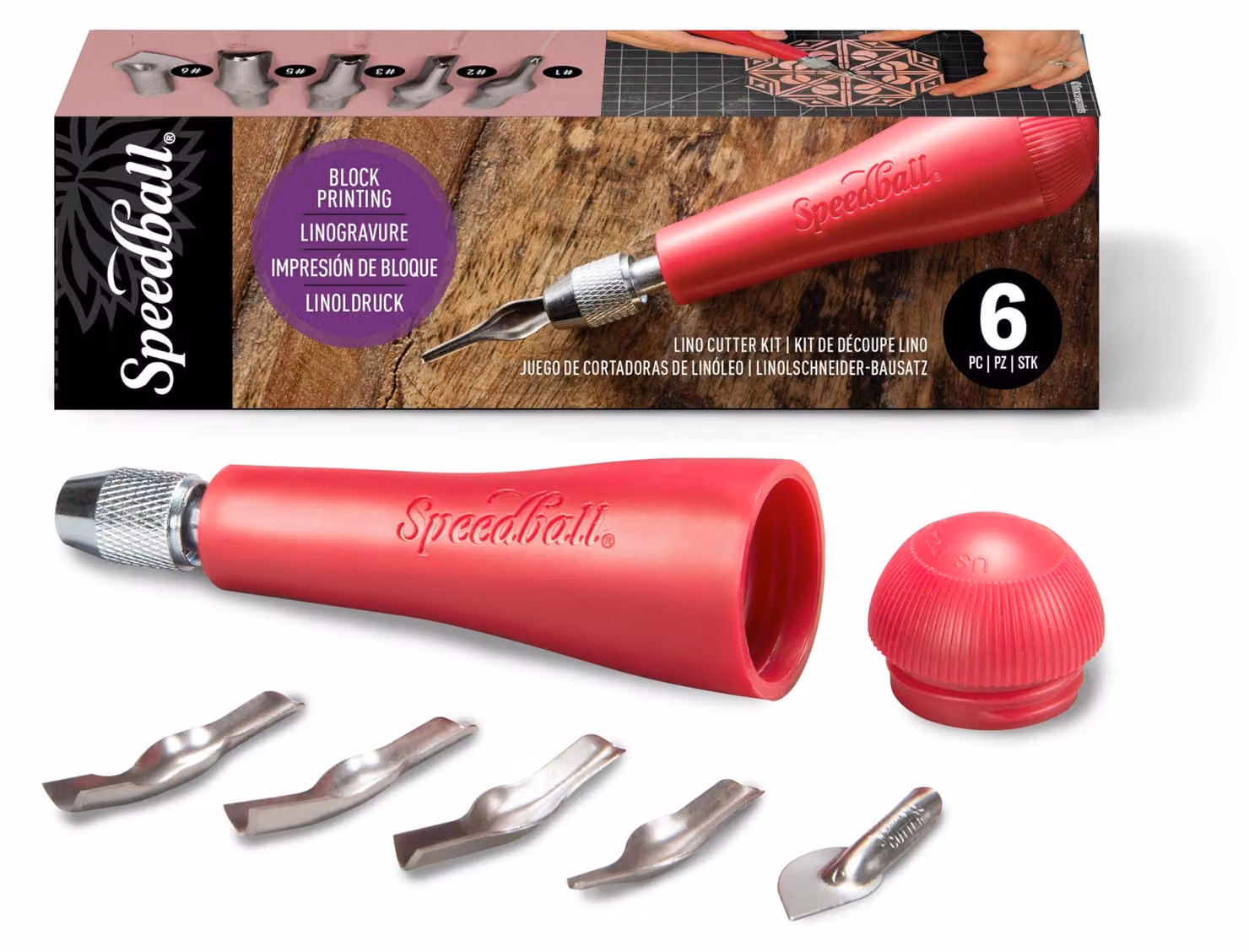 Set di utensili per tagliare il linoleum, modello n. 1, composto da 5 lame, con manico rosso
