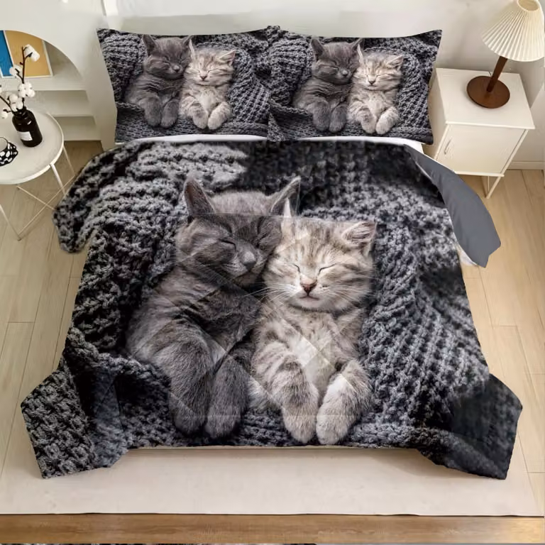 Copertura per letto con motivo di gatti - 140 x 200 cm, in microfibra, include 2 federe