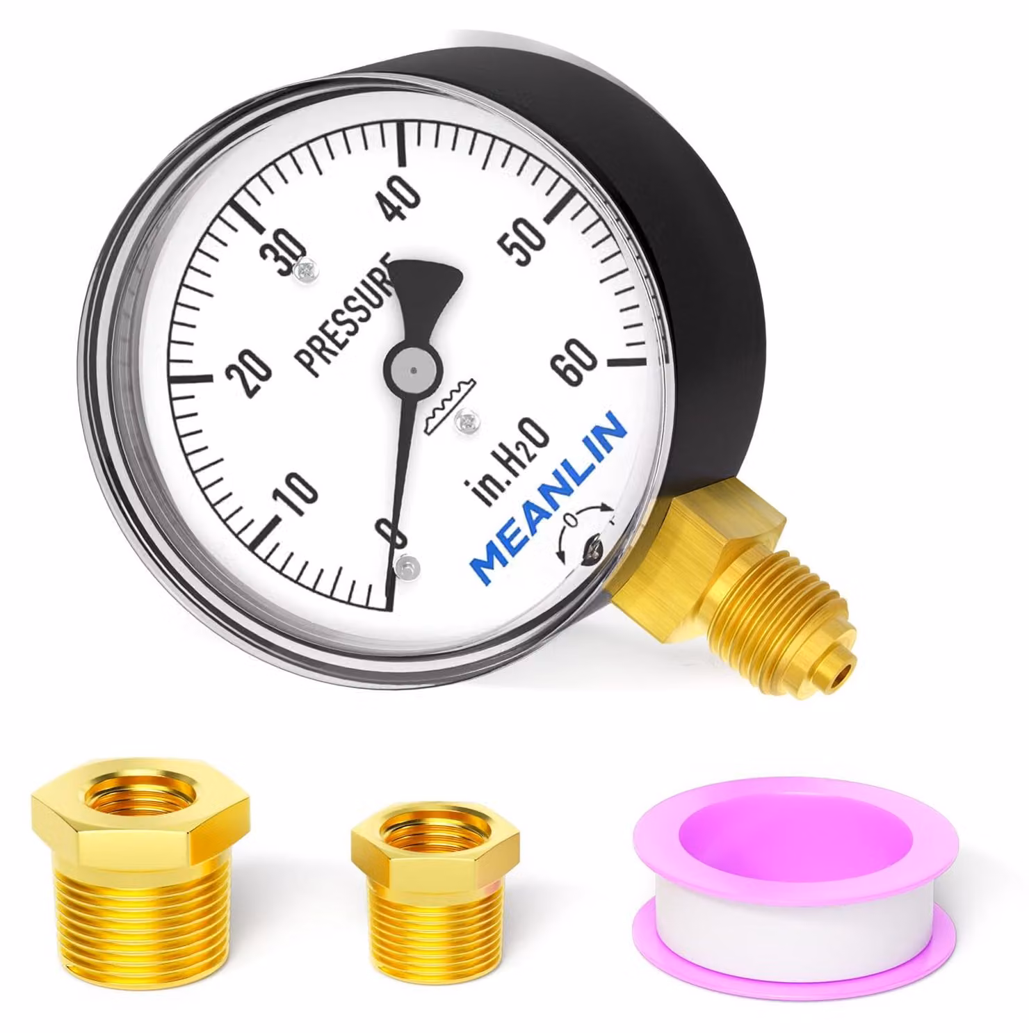 Manometro a bassa pressione, scala da 0 a 60 pollici di acqua (H2O), attacco da 1/4" BSP, quadrante da 2-1/4", con attacco inferiore