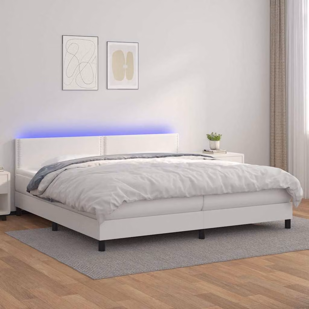 vidaXL Giroletto con Molle, Materasso e Illuminazione LED in Similpelle Bianca, L/P: 200 x 200 cm – 1