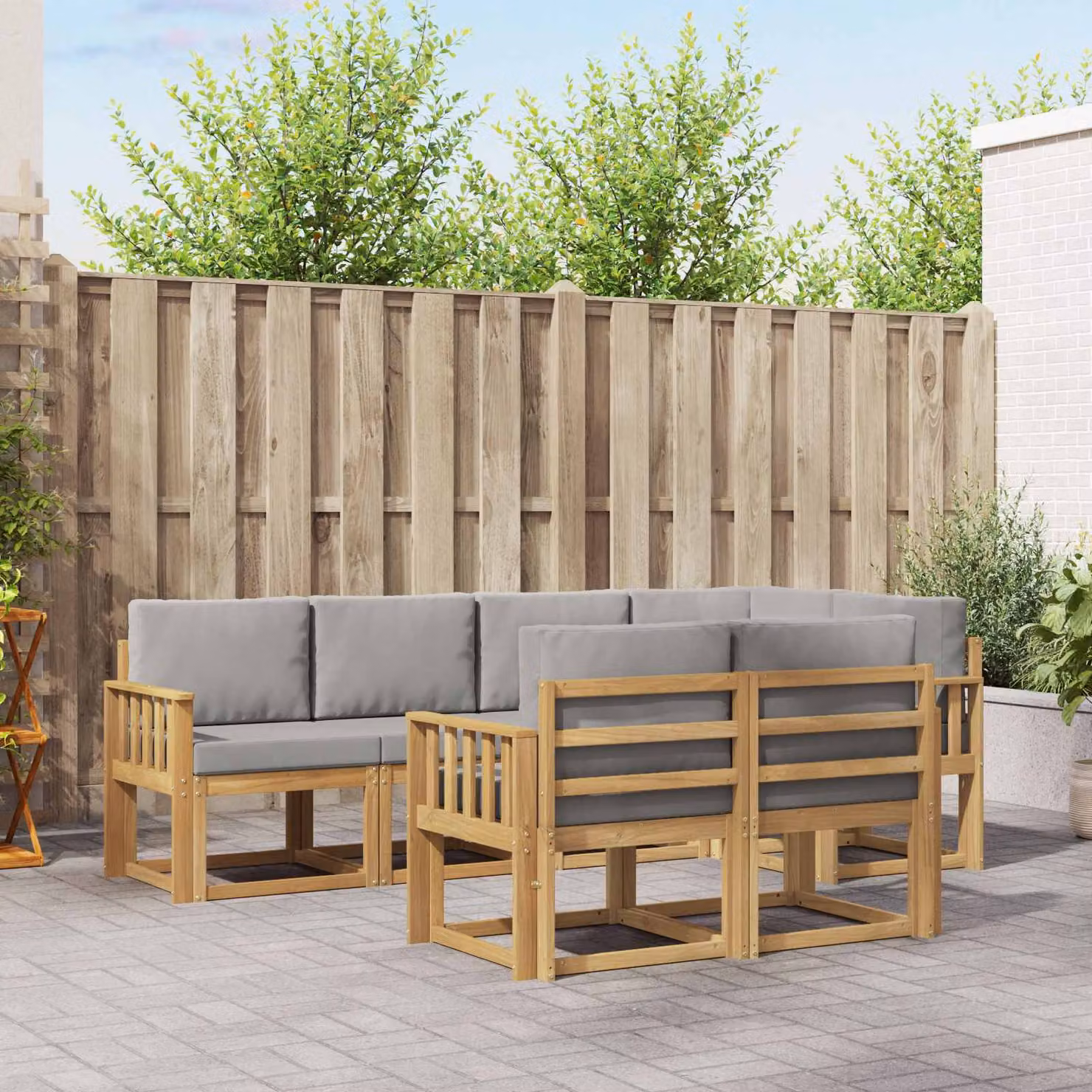 Set di divani da esterno vidaXL a forma di U in legno di acacia, 7 pezzi, Bianco, Grigio e Marrone con cuscini inclusi