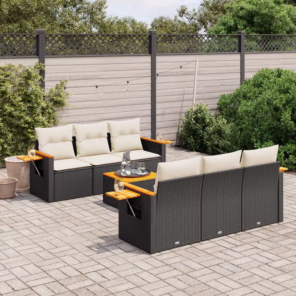 vidaXL Set Divani da Giardino in Polyrattan Nero con Cuscini e Tavolino da 7 Pezzi – 1