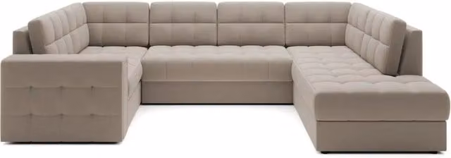 Divano ad angolo trasformabile MONTEZA MEUBLORAMA beige con letto e vano contenitore, forma a U, struttura in legno e tessuto