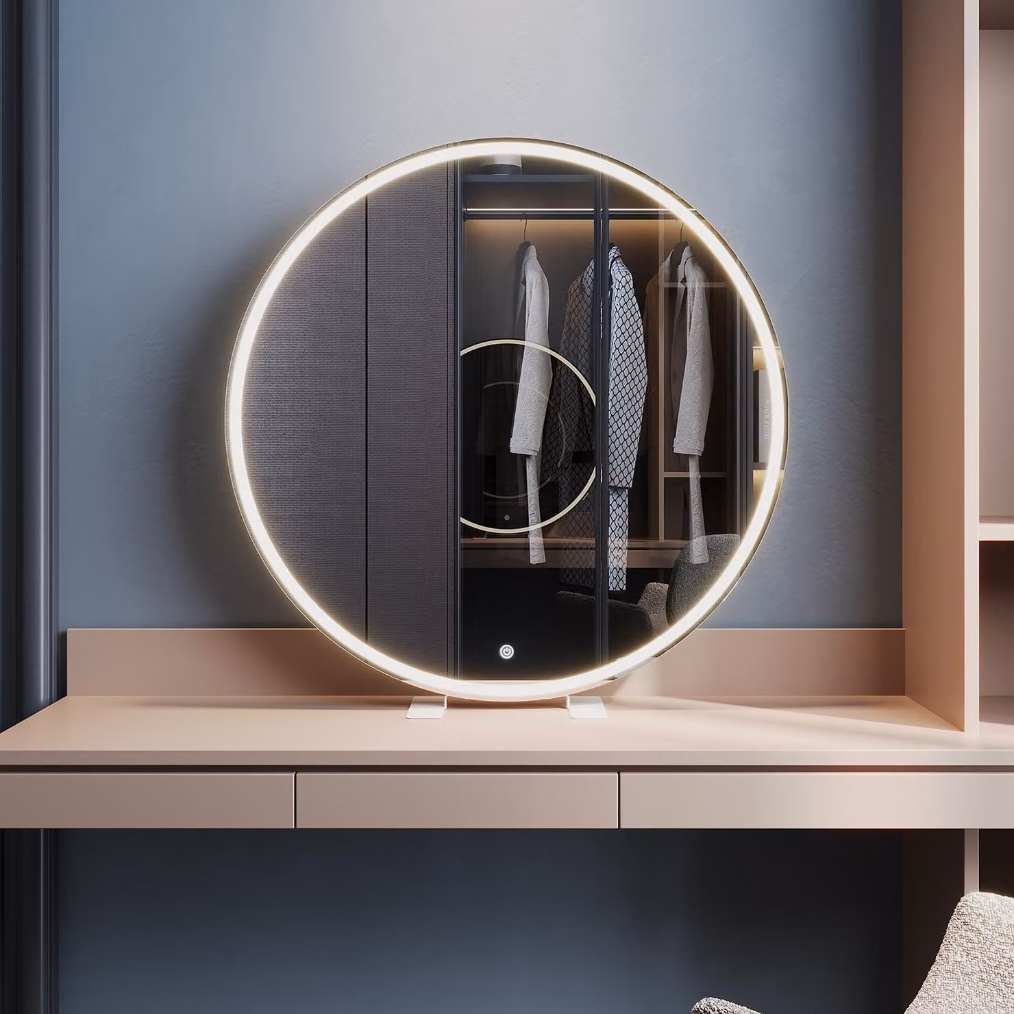 SONNI 80 x 80 x 3,5 cm Specchio rotondo bianco per vanità con illuminazione a LED e presa a muro