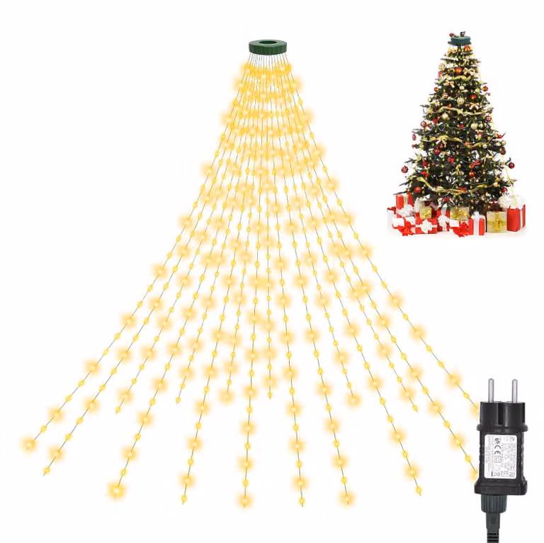 Catena luminosa per albero di Natale con anello, 2,5 metri, 400 LED, 8 modalità, luce bianco caldo
