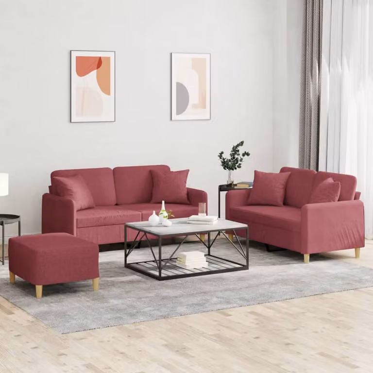Set di divani 3 pezzi vidaXL in tessuto rosso con cuscini per soggiorno in stile moderno