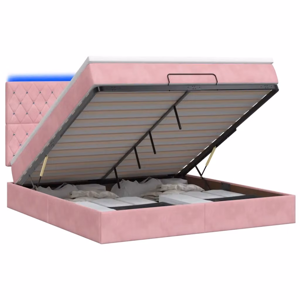 Letto Ottomano vidaXL in Velluto Rosa con Materasso Ibrido e Illuminazione LED sotto il letto L: 160 cm, P: 200 cm, H: 203 cm – 2