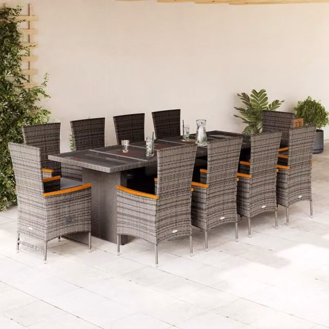 Set da Pranzo da Giardino vidaXL in Polyrattan e Legno di Acacia con Cuscini, 11 Pezzi, Grigio e Nero