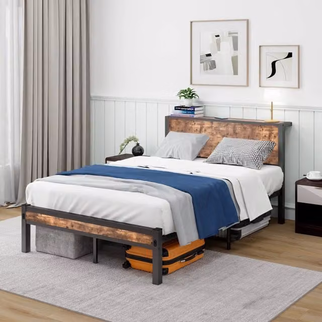 Struttura letto a piattaforma 120 × 200 cm in MDF e metallo marrone anticato con testiera e spazio sottoletto