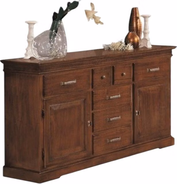 Credenza in stile arte povera Mobili 2G con 2 porte e 7 cassetti in legno di pino color noce L: 170 cm, P: 45 cm, H: 96 cm