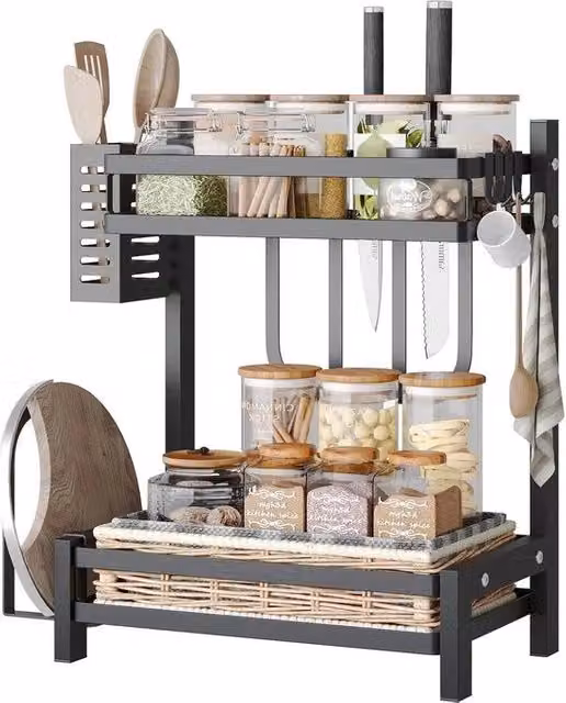 Organizer multifunzionale per spezie e posate Matzwart in acciaio inossidabile nero, 2 piani con tagliere e ganci, L: 34 cm, P: 21 cm, H: 41 cm