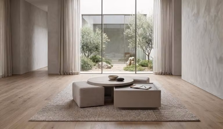Set di tavolino e poggiapiedi moderni, color beige, dal design elegante e lussuoso, ideale per il soggiorno