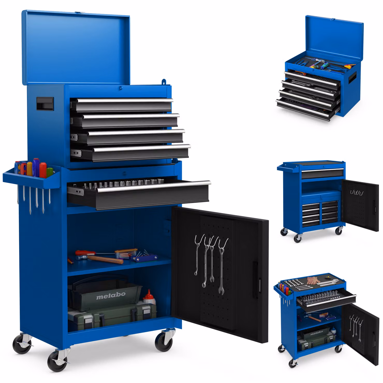 COSTWAY Carrello da officina 2in1 con valigetta, 8 scomparti, ganci e ripiano regolabile, carrello portautensili bloccabile su ruote fino a 100kg metallo 59x28x102cm