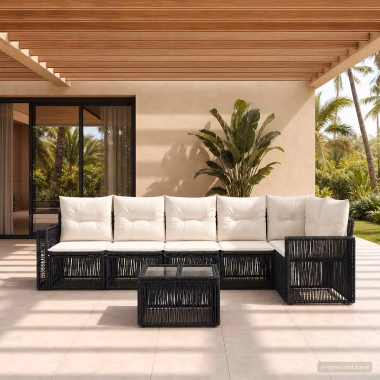 Set Divano da Giardino vidaXL 7 Pezzi a Forma di L con Tavolino, Polyrattan e Struttura in Acciaio, Colore Nero e Bianco Crema