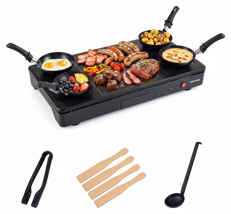 COSTWAY, griglia elettrica 2-in-1, griglia da tavolo, piastra da cottura elettrica con pinza, cucchiaio, padelle, spatole in legno, rivestimento antiaderente e vaschetta raccogli grassi