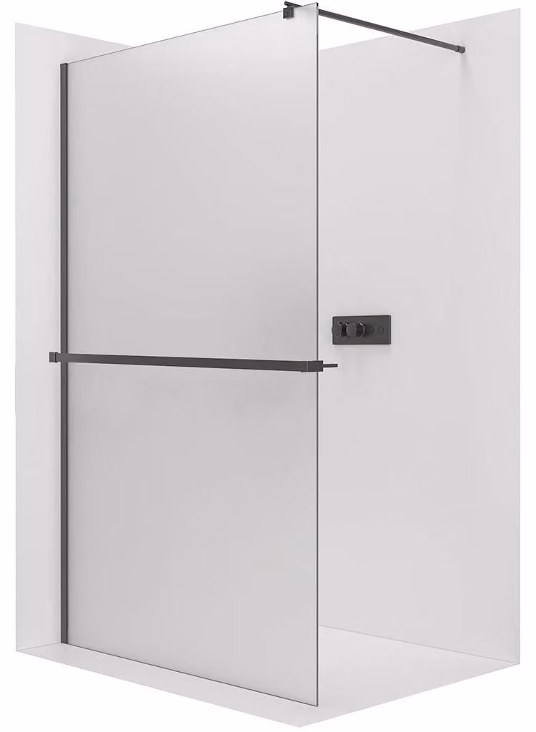 CERANO - Box doccia Walk-in Onyx Round L/P - 8 mm + mensola/portasciugamani - montante rotondo - nero opaco, vetro smerigliato - 110x200 cm