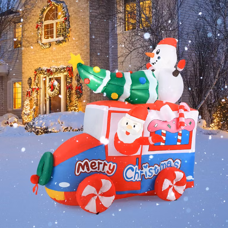 Decorazione gonfiabile natalizia Costway con Babbo Natale su auto, pupazzo di neve e 5 luci LED multicolore, Altezza: 177 cm