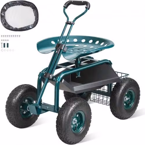 Sgabello da giardinaggio con ruote VEVOR verde, sedile girevole a 360° con ruote gonfiabili, manico allungabile e vassoio porta attrezzi, L/P/H: 76 x 45 x 96 cm