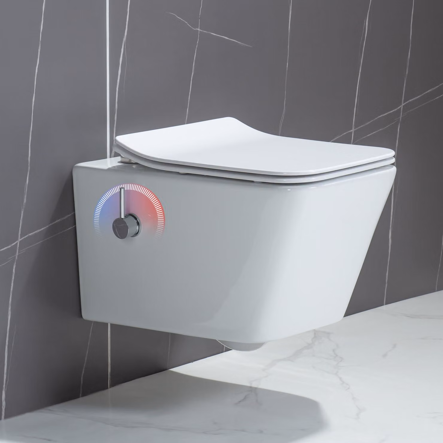 Water WC con doccetta bidet integrata, senza brida, con alimentazione a acqua fredda/calda, completo di sedile