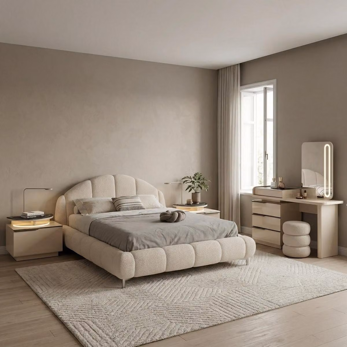Set per camera da letto: letto, 2 comodini, tavolino da trucco, specchio, pouf, colore beige