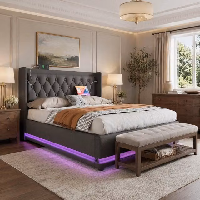 Letto matrimoniale contenitore 140 × 200 cm in cotone grigio con testiera imbottita USB Type-C e LED a 16 colori
