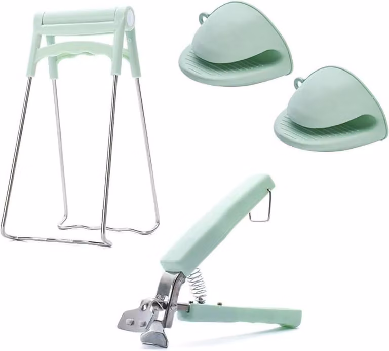 Set di 3 pinze per ciotole, pinze per piatti, supporti per piatti caldi, pinza per ciotole, pinza per ciotole in acciaio inossidabile con impugnatura in silicone antiscivolo per sollevare ciotole calde, ciotola (Nordic Green)