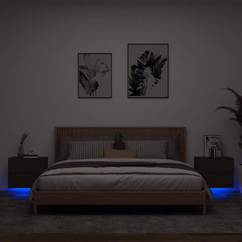 Set di 2 comodini da parete vidaXL con luci LED integrate in legno nero opaco