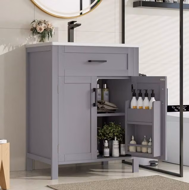 Mobile bagno freestanding moderno con lavabo in ceramica, L: 60 cm, P: 46 cm, H: 84,8 cm, grigio e nero
