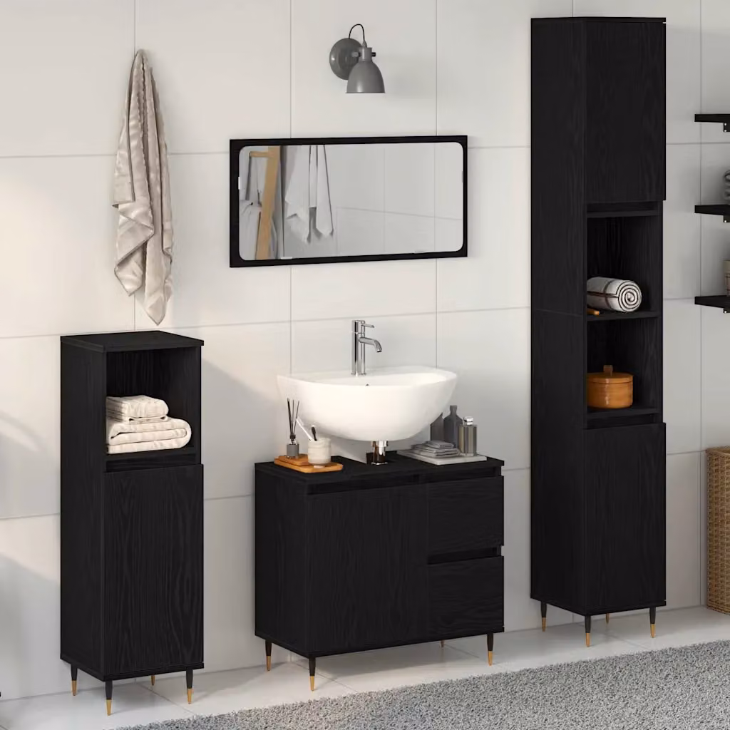 Set di mobili per il bagno vidaXL composto da 3 pezzi in nero, include mobile lavabo, colonna alta e mobile laterale, L/P/H: 30 x 30 x 190 cm