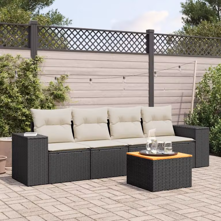 vidaXL Set Divani da Giardino 5 pz in Polyrattan Nero con Cuscini e Tavolino da Esterno