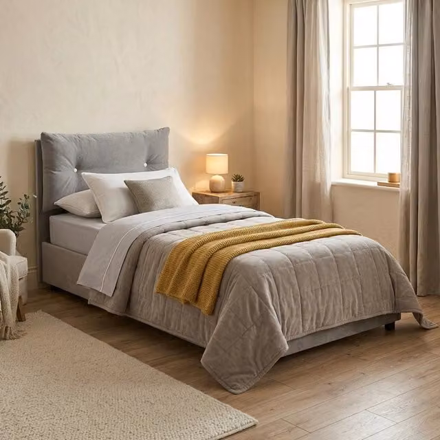 Letto singolo contenitore Sabazia Talamo Italia con materasso incluso, rivestimento in tessuto grigio, apertura a sollevamento