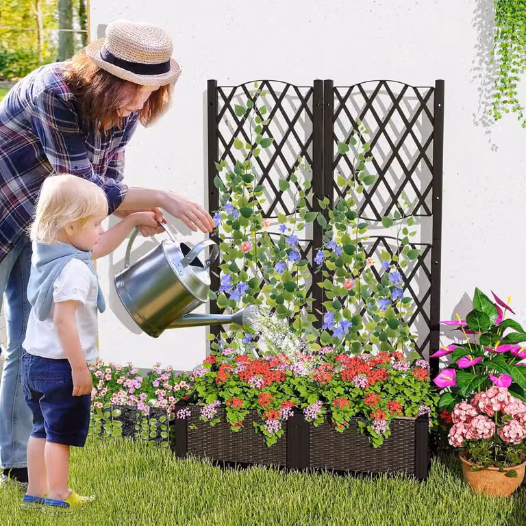 Fioriera rialzata con traliccio a reticolo Costway in plastica nera per giardino, L: 80 cm, P: 40 cm, H: 122 cm