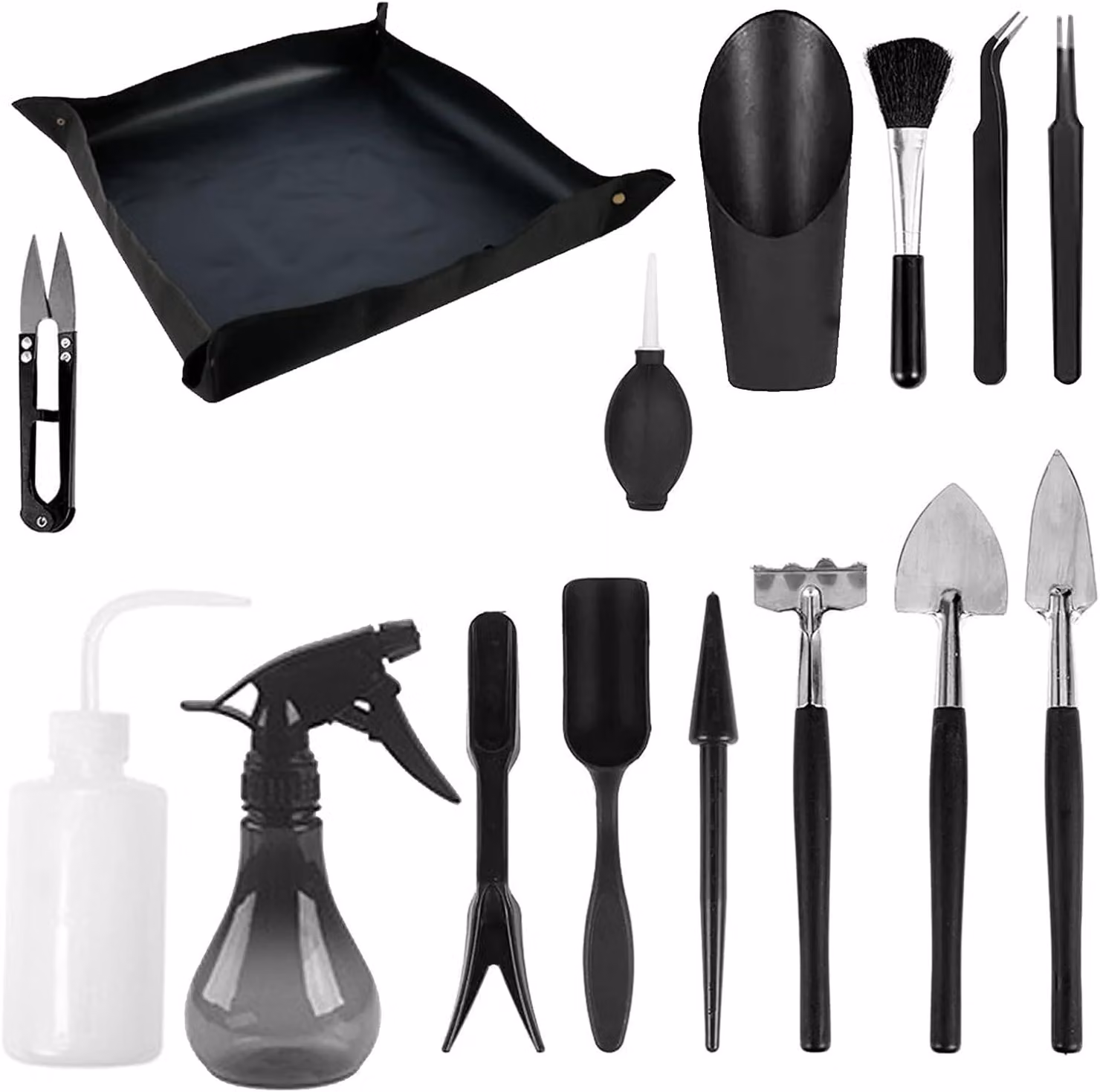 Set di strumenti per piante succulente, 14 pezzi, telo per piante, mini attrezzi da giardinaggio, colore nero, per piante da interno