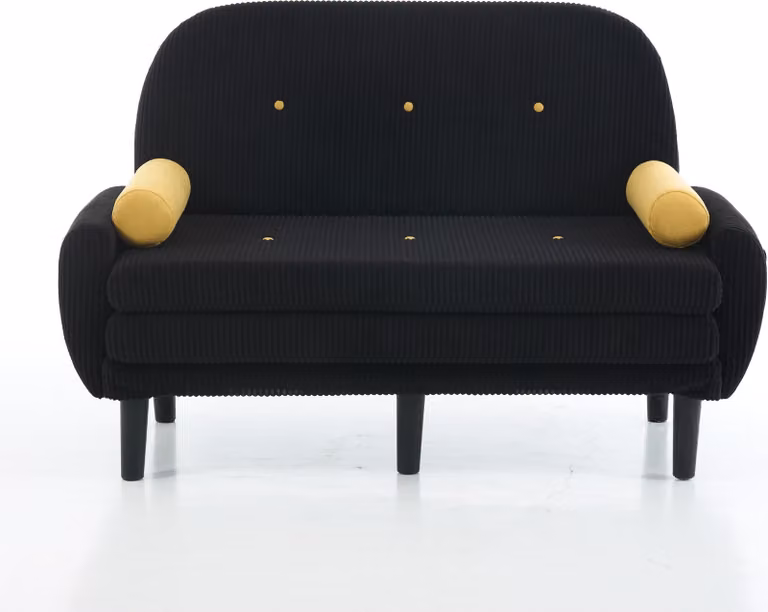 Divano a due posti in velluto a coste nero per il soggiorno, utilizzabile come divano letto e poltrona relax con vano contenitore