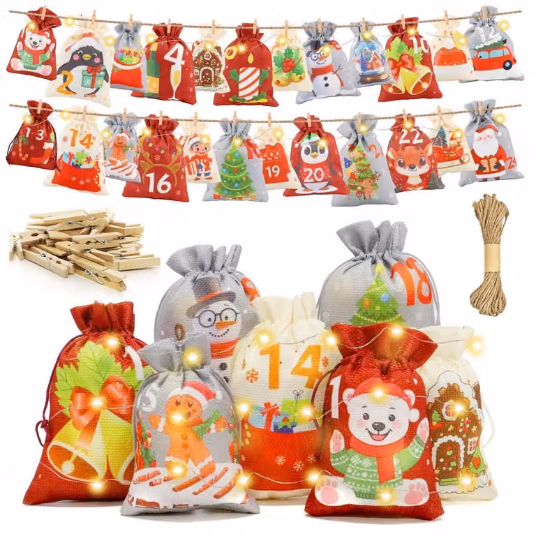 Calendario dell'Avvento: 24 sacchetti in tessuto da riempire, disponibili in due dimensioni: 10x15 cm e 13x18 cm, con accessori inclusi