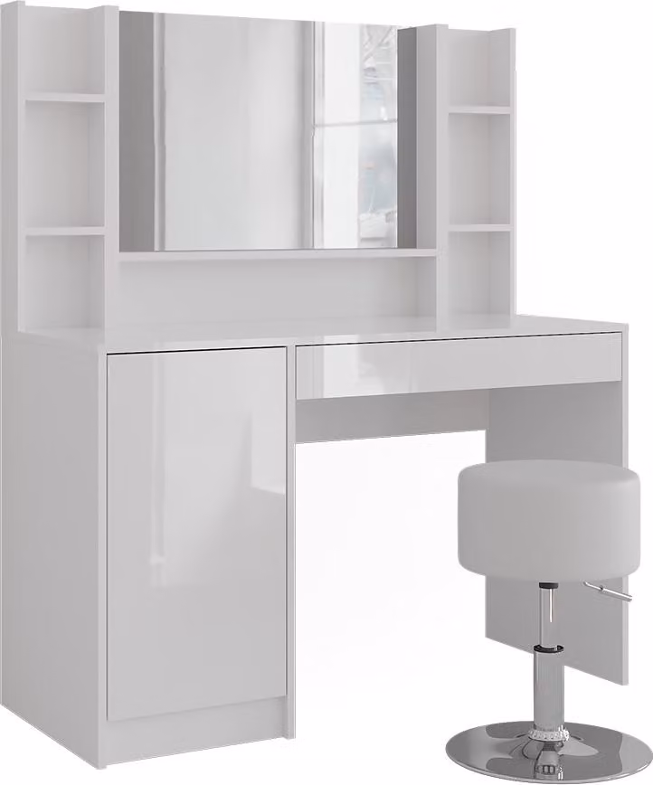 Tavolo da toeletta Vicco Sherry Bianco/Bianco lucido 119.8 cm con specchio e sgabello, Model 57616