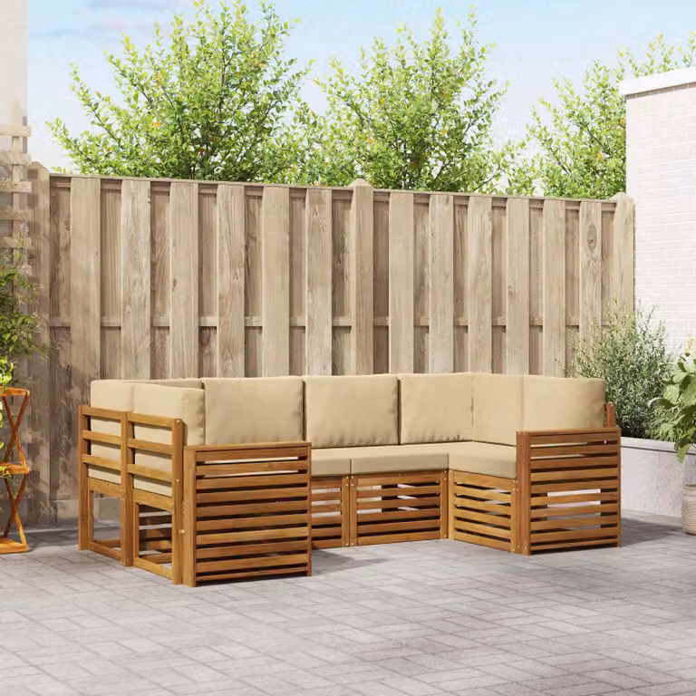 Set di divani da esterno vidaXL a forma di L composto da 6 pezzi in legno di acacia con cuscini beige e marrone