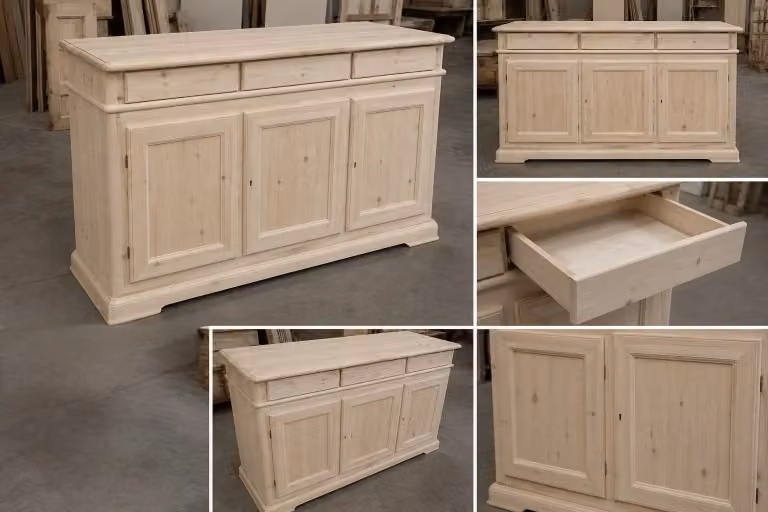Credenza in legno di pino grezzo con 3 porte e 3 cassetti Mobili 2G L/P/H: 180 x 48 x 100 cm