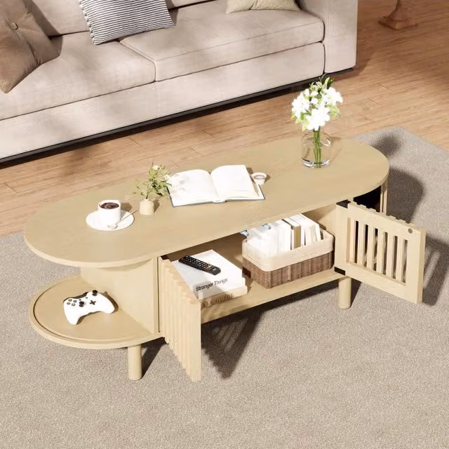 Tavolino da caffè ovale 100x40x38 cm in MDF; con ante a lamelle e porta scorrevole