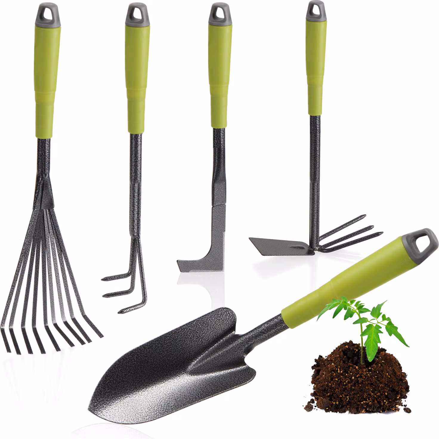 Set di attrezzi da giardino com-four® da 5 pezzi - Set da giardino con doppia zappa, piccolo sarchiatore, raschietto per fughe, rastrello manuale, paletta da giardinaggio - Attrezzi da giardino per piante e lavori di giardinaggio
