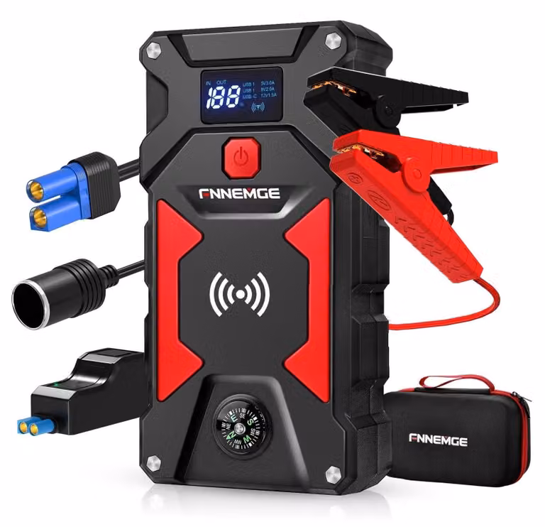 Avviatore portatile per auto, capacità 26800 mAh, corrente di picco 9000 Ampere, 12 Volt, batteria al litio-polimero, con torcia LED e ricarica wireless, compatibile con motori a benzina e diesel