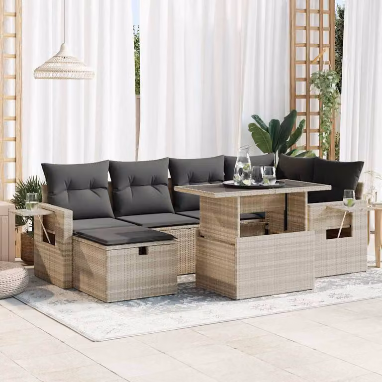 Set Divani da Giardino vidaXL 7 Pezzi in Polyrattan con Cuscini Grigio Chiaro e Tavolino da Esterno
