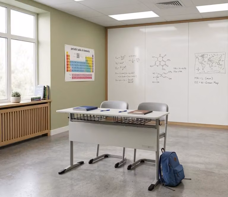 Set scolastico moderno ed ergonomico: tavolo da scuola grigio e sedia a due posti
