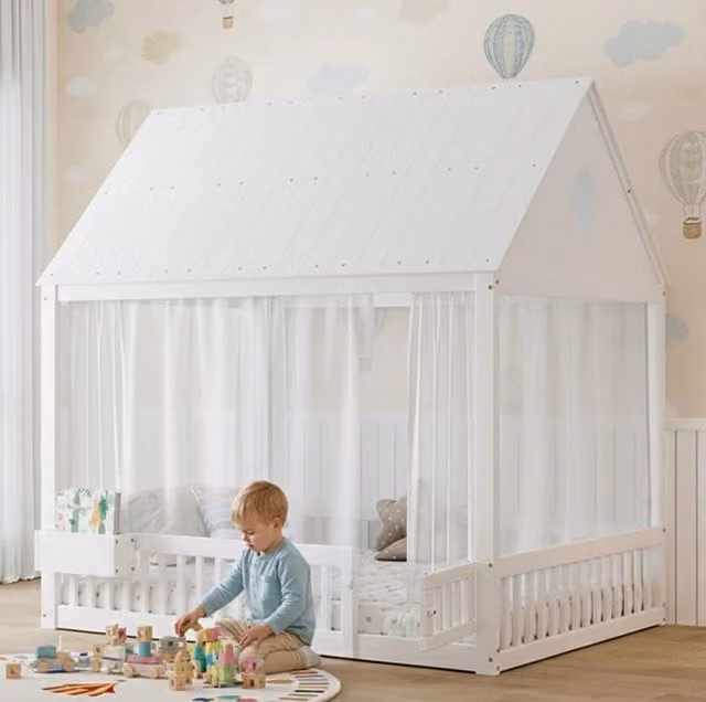 Letto per bambini 140x200 cm bianco in legno e MDF con vano portaoggetti