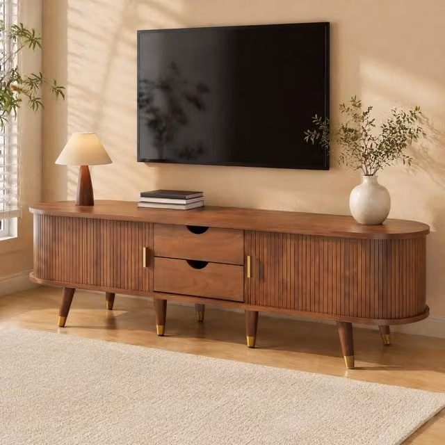 Mobile TV 175x38x45 cm noce in MDF - anta scorrevole in rattan e vani contenitori