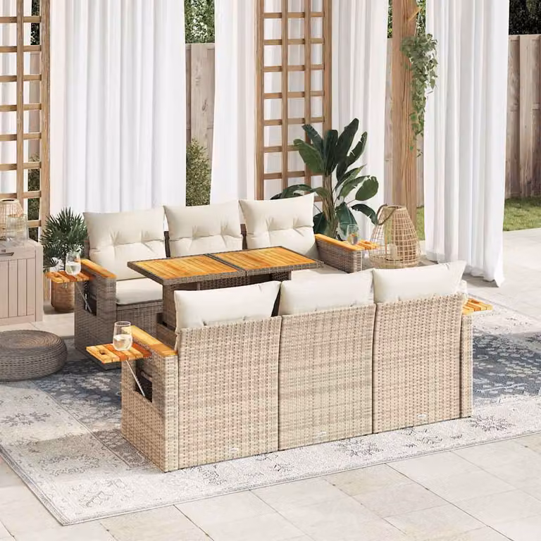Set di divani da giardino vidaXL a forma di U composto da 7 pezzi in polyrattan con cuscini beige e struttura in legno di acacia
