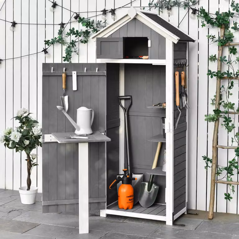 capanno per mobili da giardino in legno per esterni okwish con porta e tetto, con tavolo pieghevole all'interno, capanno da giardino con arredi fissi a L e chiodi a pavimento, grigio